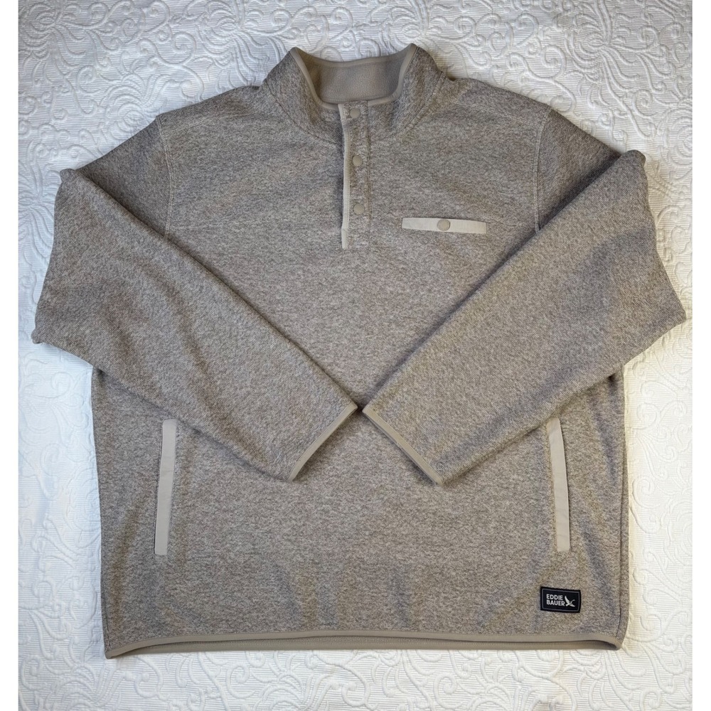 Eddie Bauer Men Heathered Fleece Quarter Snap Pullover Mock Neck Pockets Tan XXL